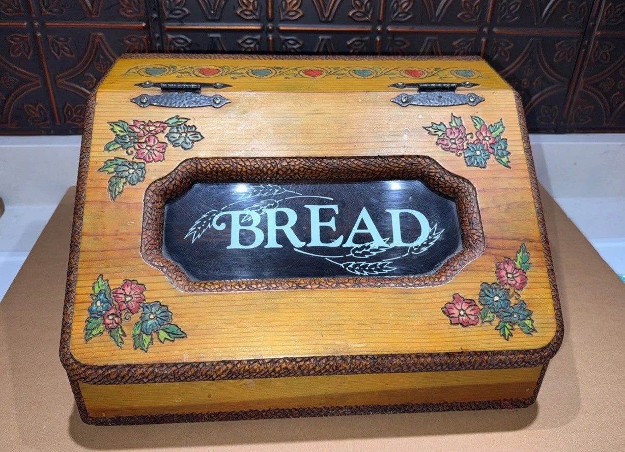 Vintage BREAD Solid Wood Bread Box Etched and Wood Burned Floral & Hearts USA
Opens in a new window