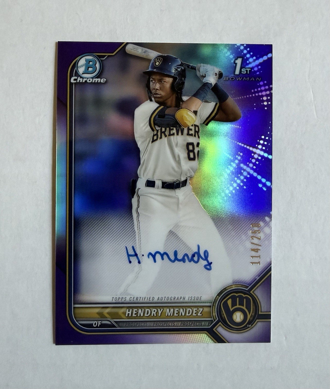 2022 Bowman Chrome Hendry Mendez Purple Refractor /250 Auto CPA-HM Brewers