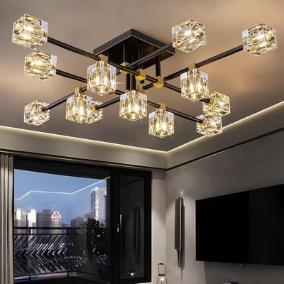 OKES Crystal Ceiling Light Fixture with 13-Lights,Black and Gold Semi Flush Moun