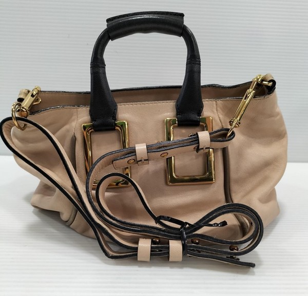 Authentic Chloe Ethel 2way Handbag Shoulder Bag Leather Beige Black Gold Women's