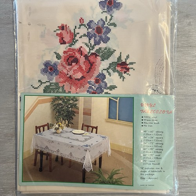 #ad #ad VINYL LACE VINTAGE OBLONG 54 × 72quot; TABLECLOTH FAUX EMBROIDER FLOWER MACHINE WASH $6.50