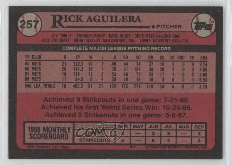 2017 Topps Rediscover Topps Buybacks Bronze Rick Aguilera #1989-257 - Image 2 of 2
