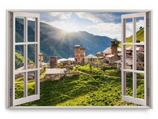 120x80cm Wandbild Fensterbild Altes Bergdorf Berge Natur Grün Sonnenschein