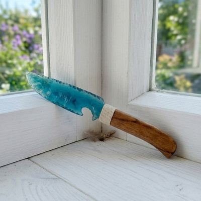 Aqua Blue Obsidian Knife with Wood Handle, Handcrafted Decorative Dagger