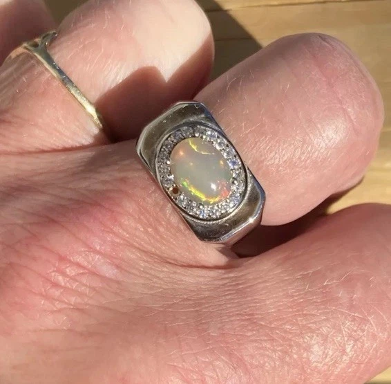 Anel de ouro branco 14k com opala natural etíope anel de ouro maciço 14k com diamante opala - Imagem 2 de 4