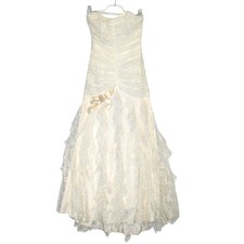 Vintage Y2K Jessica McClintock Strapless Lace Maxi Dress Ivory Bow Brooch Size 8