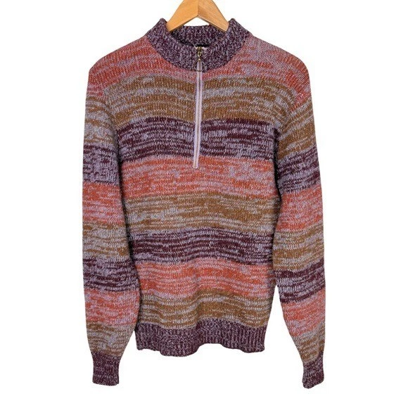 Vintage Campus Wool Blend 1/4 Zip Striped Sweater Preppy Mock neck Unisex Size L