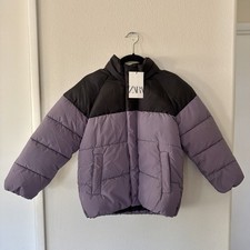 NWT Zara Boys Size 8 Puffer Jacket Girls Kids Medium M Coat Black Purple Hood