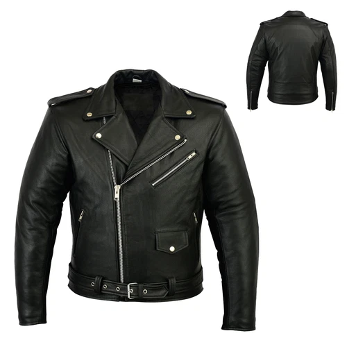 Men's Vintage Brando Style Black Leather Biker Motorcycle Jacket - product listing photo