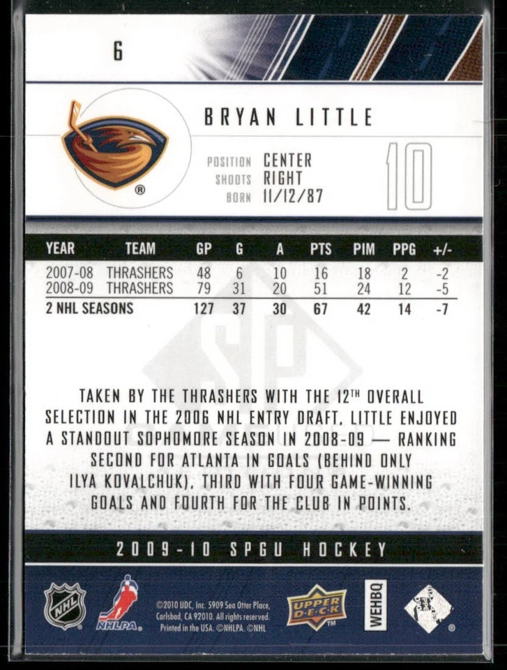 Bryan Little 2009-10 SP Game Used Edition Spectrum #6 Thrashers /10 - Image 2 of 2