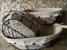 3 Farmhouse-Style Fabric Lined Stacking Storage Baskets Chicken Wire Metal - NEW