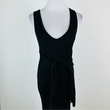 Good American Black Bodycon Ribbed Knit Tie Waist Midi Dress Size 1 Small