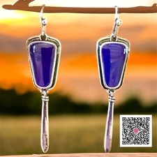 PURPLE SEA GLASS DANGLE-HOOK FASHION EARRINGS 925 SS PLATED HANDMADE