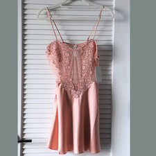 Flora Nikrooz Lace Trim Satin Rose Pink Chemise, Romantic Lingerie Sleep Dress