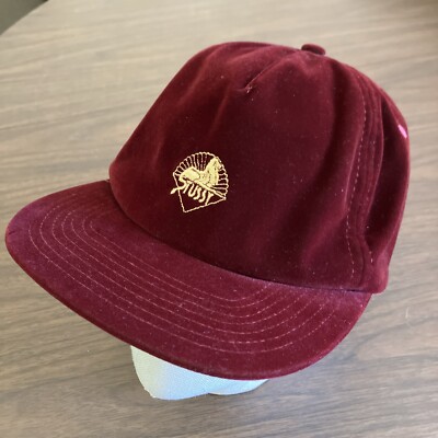 STUSSY Maroon Red Gold Lion Logo Velvet Adjustable Maroon Hat 
