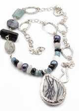 Collar de piedras preciosas de plata de ley 925 de jaspe Picaso de gota grande perla gris