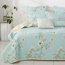 Aqua Blue White Floral Branches 3 pc Quilt Set Twin Full Queen King Bed Coverlet