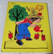 Vintage Wooden Tray Puzzle Playskool It's Fun to Plant MISSING 2 pc Farming Used