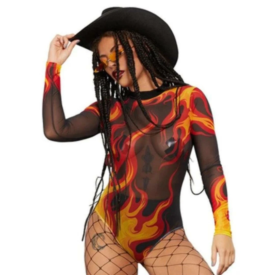 Womens Fever Hot Flame Fire Sheer Bodysuit Lingerie Festival Outfit Fancy  Dress