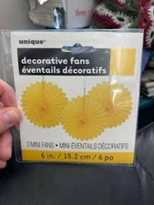 Yellow 6" Hanging Paper Fan Decorations 3ct New!!!