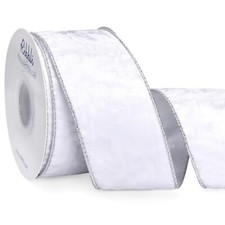 White Velvet Wired Ribbon 2.5 Inch Metallic White Silver Crushed Velvet Chris...