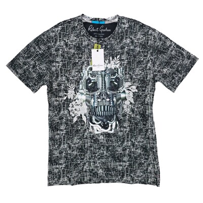 NWT ROBERT GRAHAM Mechanical Skull T-Shirt All Over Print Embroidered SMALL