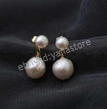 11-12mm Natürlich Weiß Südsee Barock Edison Perle Bügel Gold Ohrstecker Ohrringe