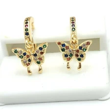 Gold Plated Multicolor crystals Butterfly Dangle Hoop Earrings. Oro Laminado.