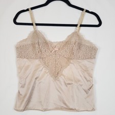 Vintage Vasserette Nylon Camisole Womens 36 Large Lace Trim V-Neck Beige