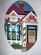 PETER ASHE Original Finished Needlepoint VICTORIAN CHRISTMAS WINDOW Oval