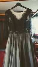 Handmade, black lace, tulle skirt wedding dress with 3/4 sleeves ball gown style