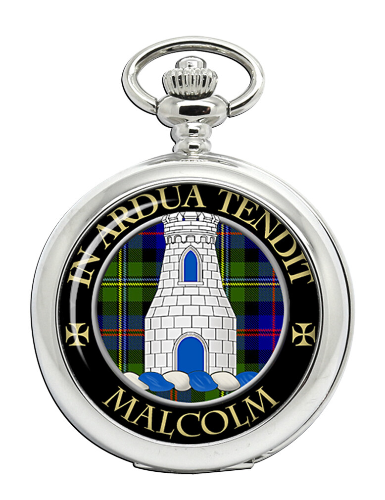 Malcolm Scottish Clan Engraved Pocket Watch with Chain