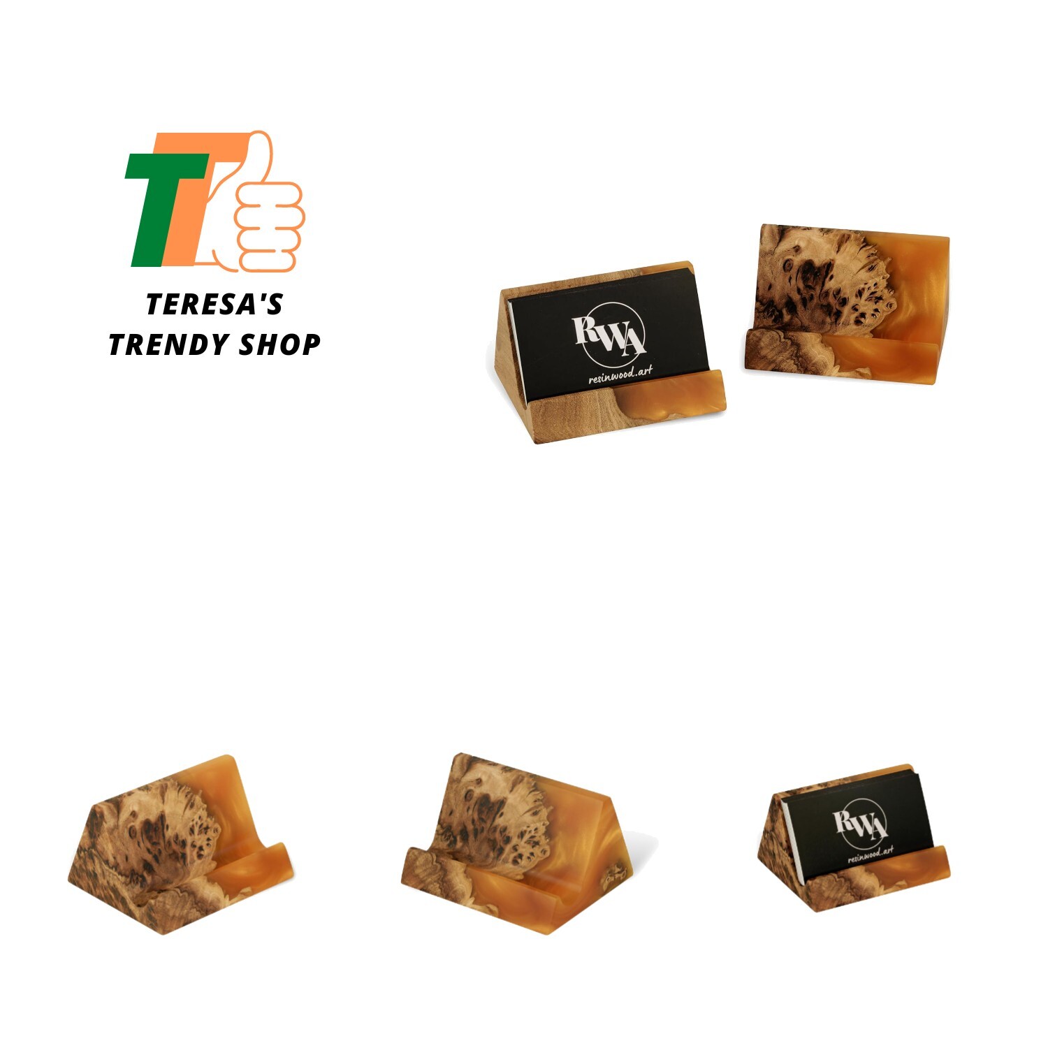 Gold Epoxy & Wood Business Card Holder for Desk, Mountains Wooden Card Displa...-image