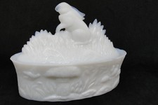 EAPG Flaccus Glass Co's Opaque White Standing Rabbit In Grass Covered Dish