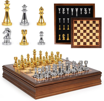 Portable 12-Inch Metal Chess Set with Wooden Board for All Ages and Skill Levels