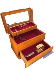 VINTAGE 1980"s OAK WOOD JEWELRY BOX with 3 Self-Opening Drawers