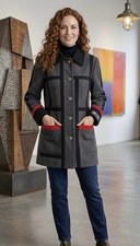 VTG Charles Klein Coat Women Sz. Medium Grey Black & Red 100% Wool Made in USA