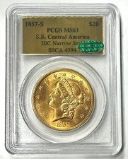 1857-S $20 Liberty Gold PCGS MS63 CAC SS Central America Shipwreck NEW LISTING