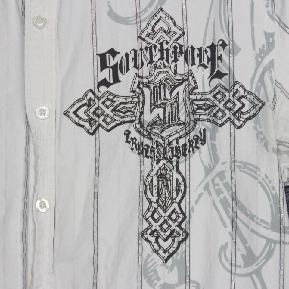 Y2K Southpole Premium Mens Large Button Down Shirt Stripe Cross Graphic - Image 3 of 4