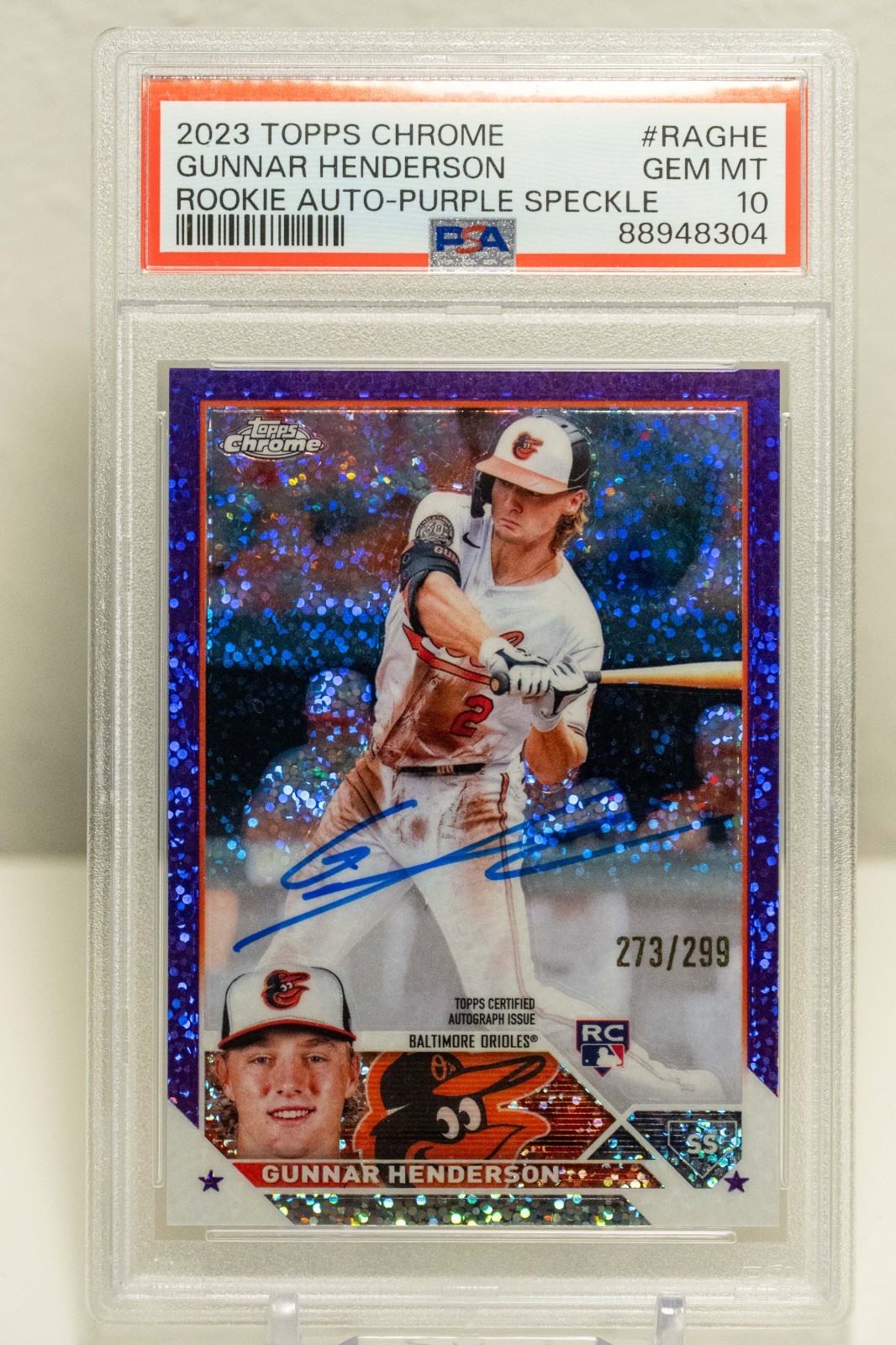 2023 Topps Gunnar Henderson Chrome Purple Speckle RC Auto /299 PSA 10! #RAGHE
