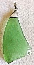 Vintage 1970s Large Sterling Silver Green Sea Beach Glass Boho Pendant 2-1/4"