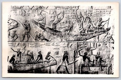 Antique Egypt Postcard Ancient Hieroglyphs Relief Boatmen 1940s