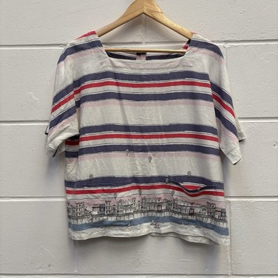 Laura Ashley Oberteil Leinenmischung Küstenmuster Streifen Kurzarm Bluse UK 12 