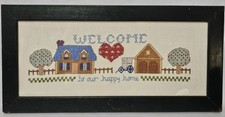 Vtg Country Cross Stitch Welcome To Our Happy Home Under Glass Distressed Frame