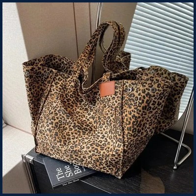 Leopard Pattern Tote Bag Vintage Canvas Shoulder Bag Big Capacity Handbag