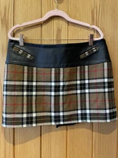 Holland Cooper Camel Checked Wool & Leather  Skirt UK 10