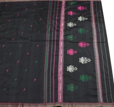 Sushila Vintage Black Saree 100 Pure Silk Hand Woven Floral 6 Yard Sari Fabric