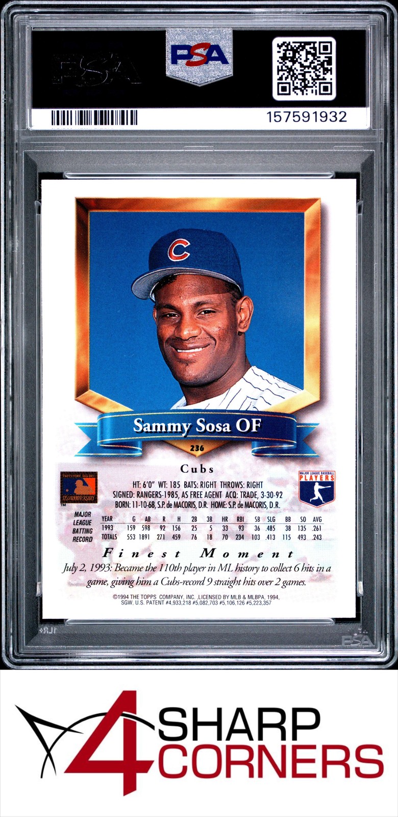 1994 FINEST #236 SAMMY SOSA CUBS PSA 9 view 2