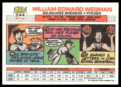 1988 Topps Big Bill Wegman Milwaukee Brewers #244 - Picture 2 of 2