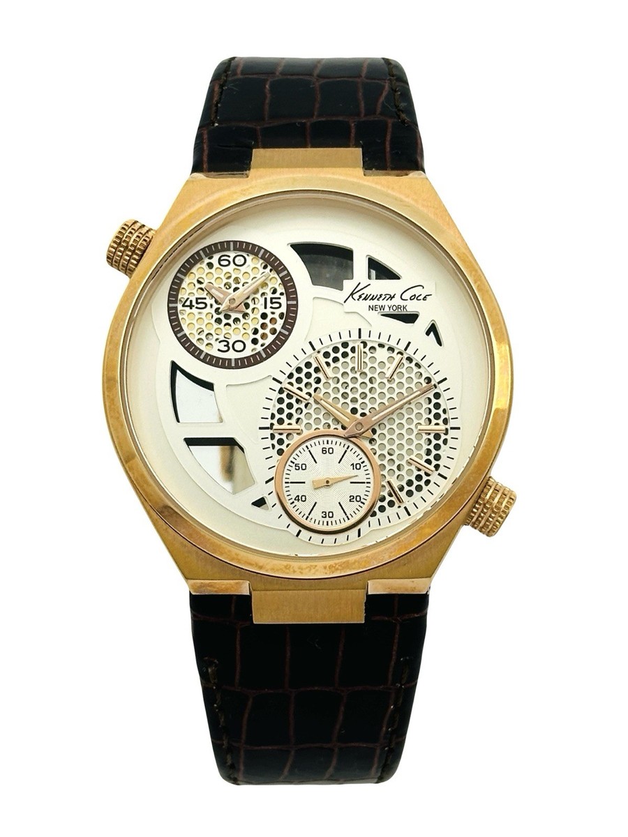 Kenneth Cole KC1715 Men's DUAL TIME Rose Golden Skeleton Dark